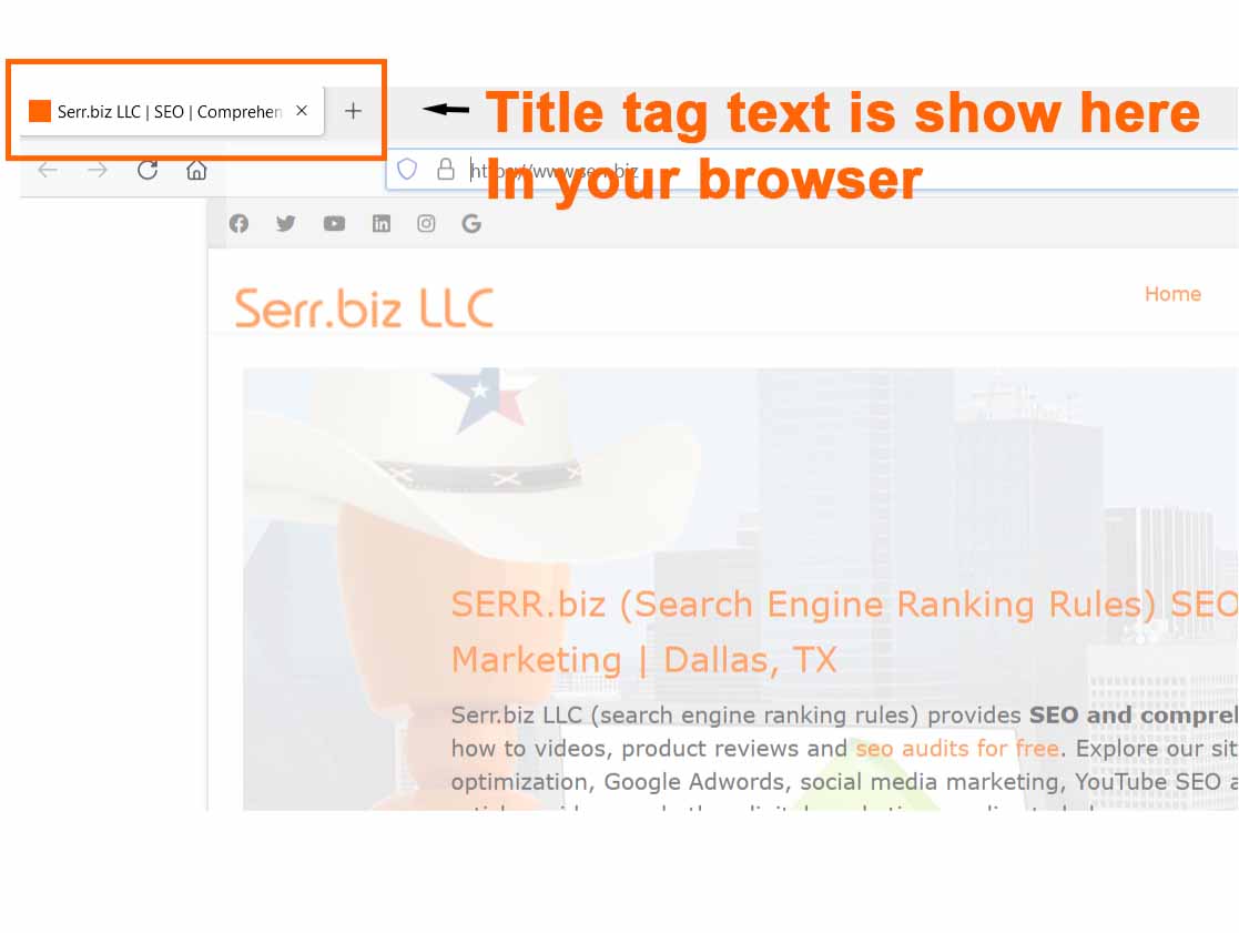 Example of HTML title tag seen in a web browser (Chrome)